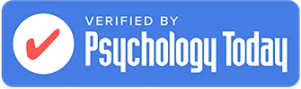Blue badge reading 'Verified by Psychology Today' with a red checkmark in a white circle