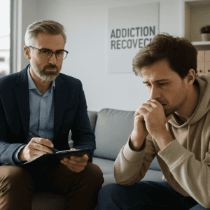 Counselor supporting a client in fentanyl addiction treatment.