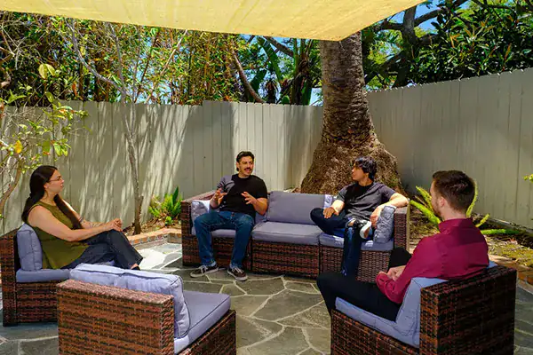 Four adults sit on wicker patio furniture under a shade sail, chatting in a sunny backyard with a tree and fence in the background.