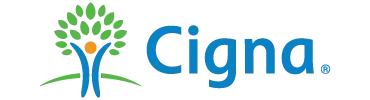 Cigna logo: stylized blue figure with raised arms under a green tree, next to the blue 'Cigna' wordmark.