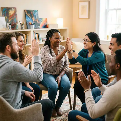 Diverse group of six adults sitting in a circle and giving each other high-fives in a bright, cozy room, smiling and engaged in teamwork with a warm vibe.