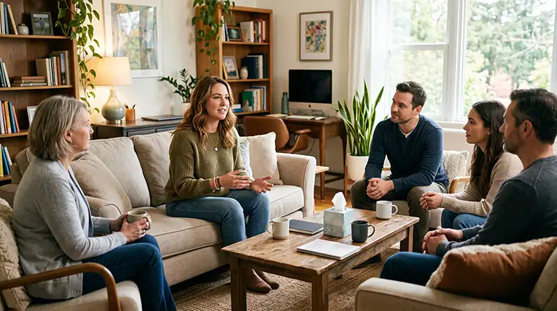 Five adults seated in a cozy living room, mid conversation around a wooden coffee table with mugs and notebooks nearby.
