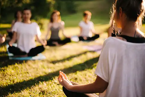 Group of people doing yoga in a sunlit park, seated on mats in a circle/viewing a class angle.