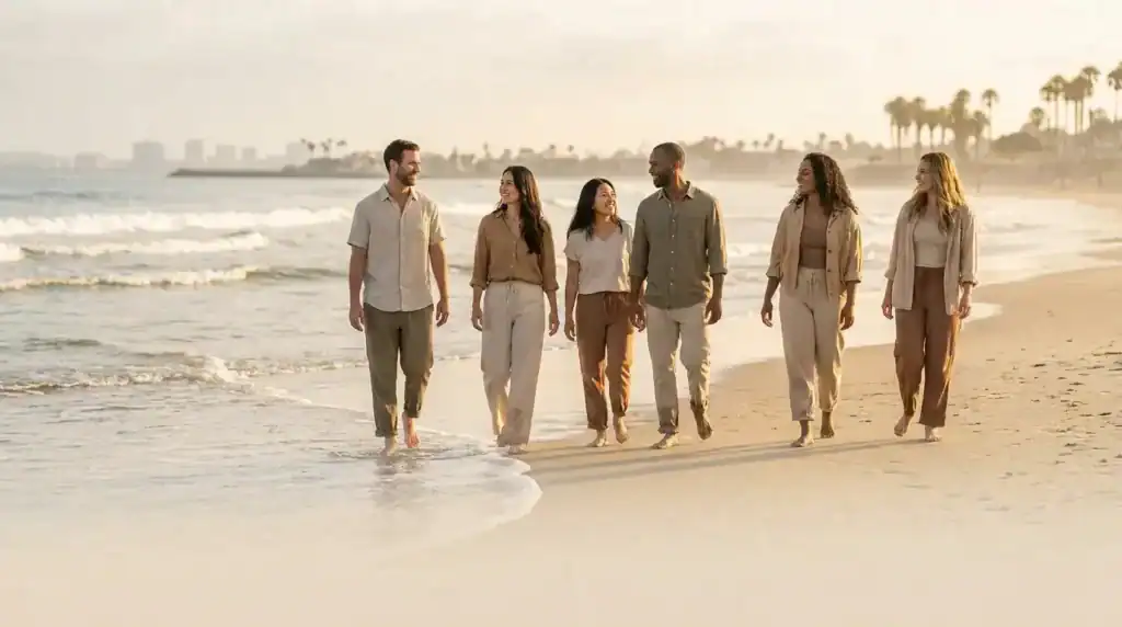 Group walking near the beach at a San Diego rehabilitation center