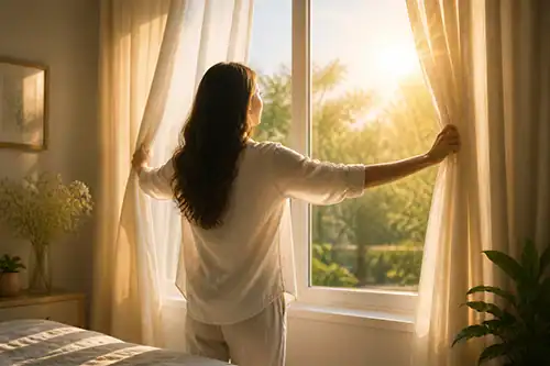 Person standing with their back to the camera, opening sheer curtains to let in the morning sunlight in a bright bedroom.