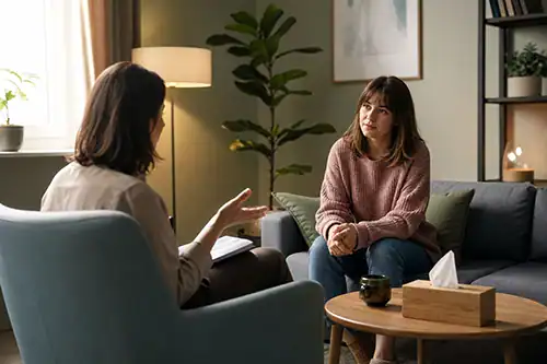 Therapist and client sit facing each other in a cozy living room during a counseling session, with a couch, armchair, and plant in soft lighting.